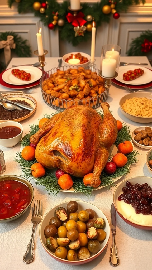 A festive Christmas table with roasted turkey, sides, and decorations.